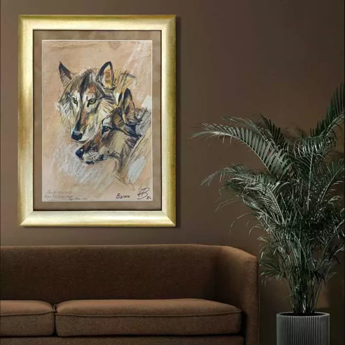 Картина Волки пастель оформлена в паспарту багет золотое дерево 1981 год Андрияшина В. В. 40 x 60 см